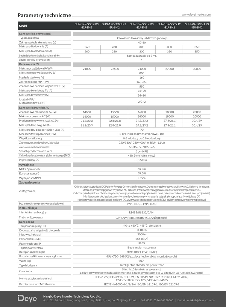 Deye SUN-20K-SG05LP3-EU-SM2, trójfazowy falownik hybrydowy, 48V
